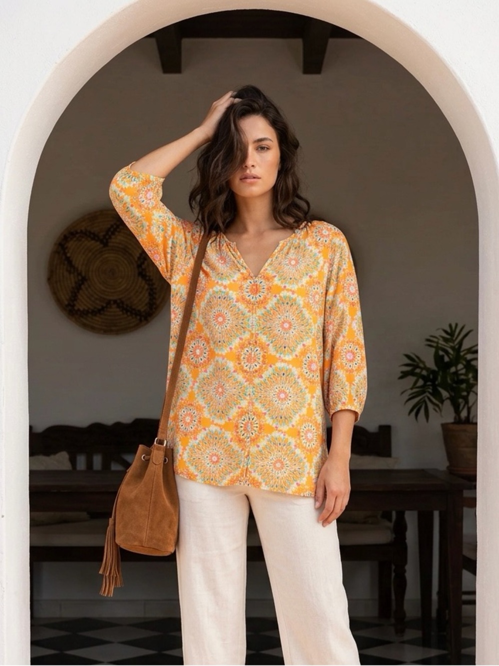 Stylus Womens Large Orange Medallion Print Boho Peasant Blouse 3/4 Sleeve Rayon